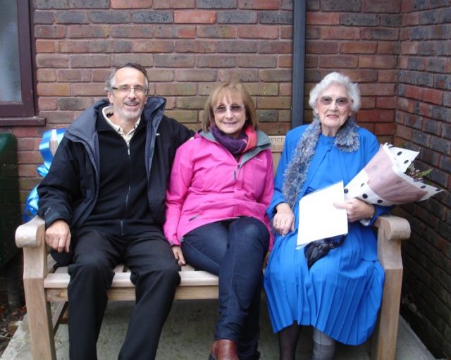 Joan with Keith and Barbara on her bench 2014